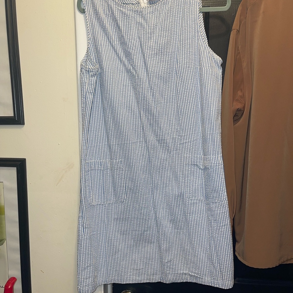 VTG 90s Talbots Brand Blue and White Seersucker Sleeveless Summer Dress